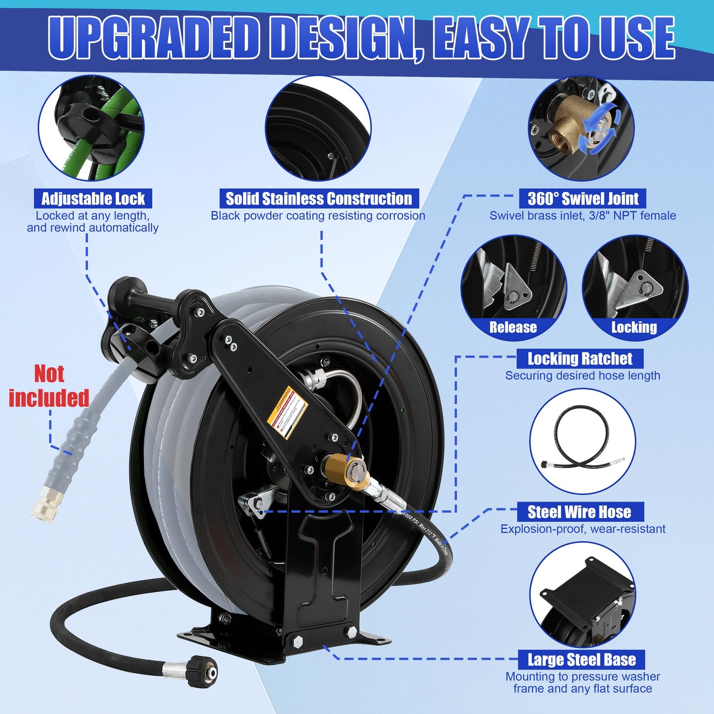 FIXFANS High Pressure Washer Hose Reel for Water/Air/Oil, 3/8" X 50 FT Steel Dual Arm Auto-Retractable Power Wash Hose Reel, Heavy Duty Hose Reel 4000 PSI
