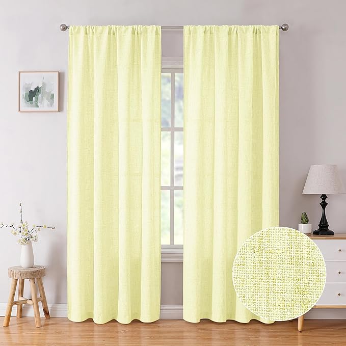 Tollpiz Linen Curtains Bedroom Rod Pocket Semi Sheer Curtain Burlap Light Filtering Thick Linen Drapes for Living Room, 54 x 84 inches Long, Cream Yellow, Set of 2 Panels