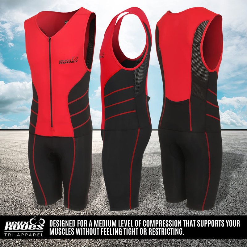 Deux Roues Youth Triathlon Suit Racing Tri Cycling Skin Suit Bike Swim Run - Bonus Race Bib Belt (Red, Youth 14)
