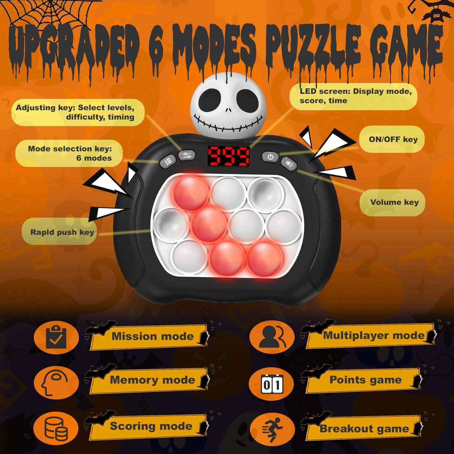 2pcs Halloween Pop Push Game Light Up Fidget Toy,Halloween Toys for Boys Grils Teens Age 3-12,Pop Bubble Sensory Toys,Halloween Party Favors Halloween Trick or Treat Gifts (Black-Blue)