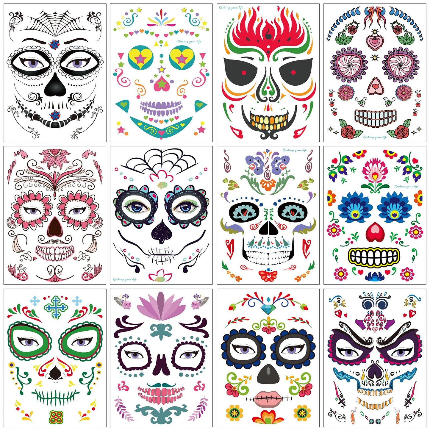 Halloween Temporary Face Tattoos (12Pack), Konsait Day of the Dead Sugar Skull Floral Black Skeleton Web Red Roses Full Face Mask Tattoo for Women Men Adult Kids Boys Halloween Party Favor Supplies