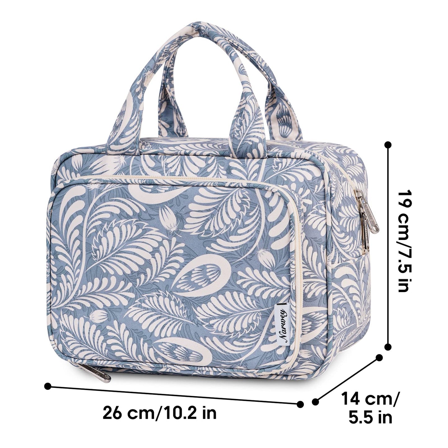 Narwey Full Size Toiletry Bag Large Wash Bag Makeup Bag Travel Organizer Cosmetic Bag for Women (Blue Leaf)