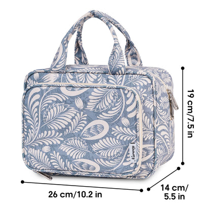 Narwey Full Size Toiletry Bag Large Wash Bag Makeup Bag Travel Organizer Cosmetic Bag for Women (Blue Leaf)