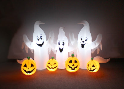 6 Foot Long Lighted Halloween Inflatable Three Ghosts with Pumpkins Patch Outdoor Indoor Holiday Decorations, Blow Up LED Lights Lighted Yard Decor, Giant Lawn Inflatables for Home Family Party