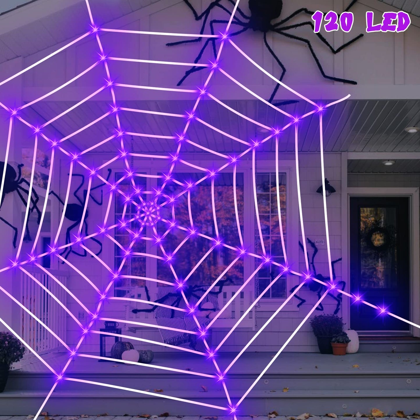 Light Up Lighted Spider Web 12 Ft 120 LED Spider Web Lights Giant Halloween Decorations Outdoor Waterproof for Outdoor Indoor Yard Party Haunted House Decor, Purple