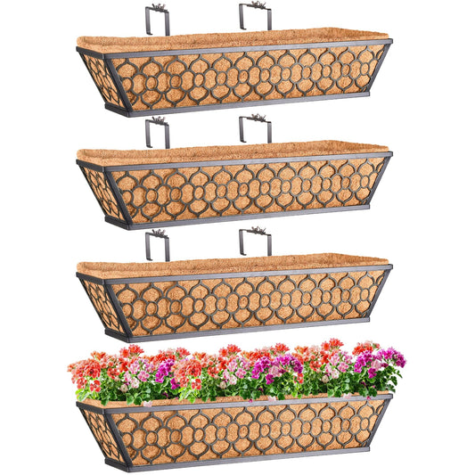 Riare 4 Pack 24 Inch Window Boxes Planters with Coco Liner, Metal Deck Railing Planter Boxes, Balcony Planters Railing Hanging, Horse Trough Window Flower Planter Boxes for Outdoor Porch Fence Patio
