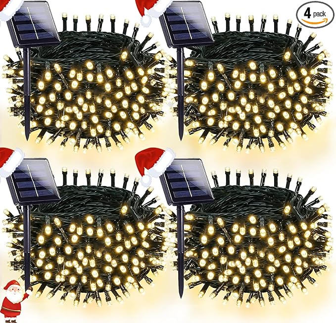 OZS 4 Pack 320LED Solar String Lights Outdoor, Waterproof 8 Modes Solar Tree Light, Green Wire Christmas Lights Outdoor for Garden, Party, Wedding, Christmas Decorations (Warm White)