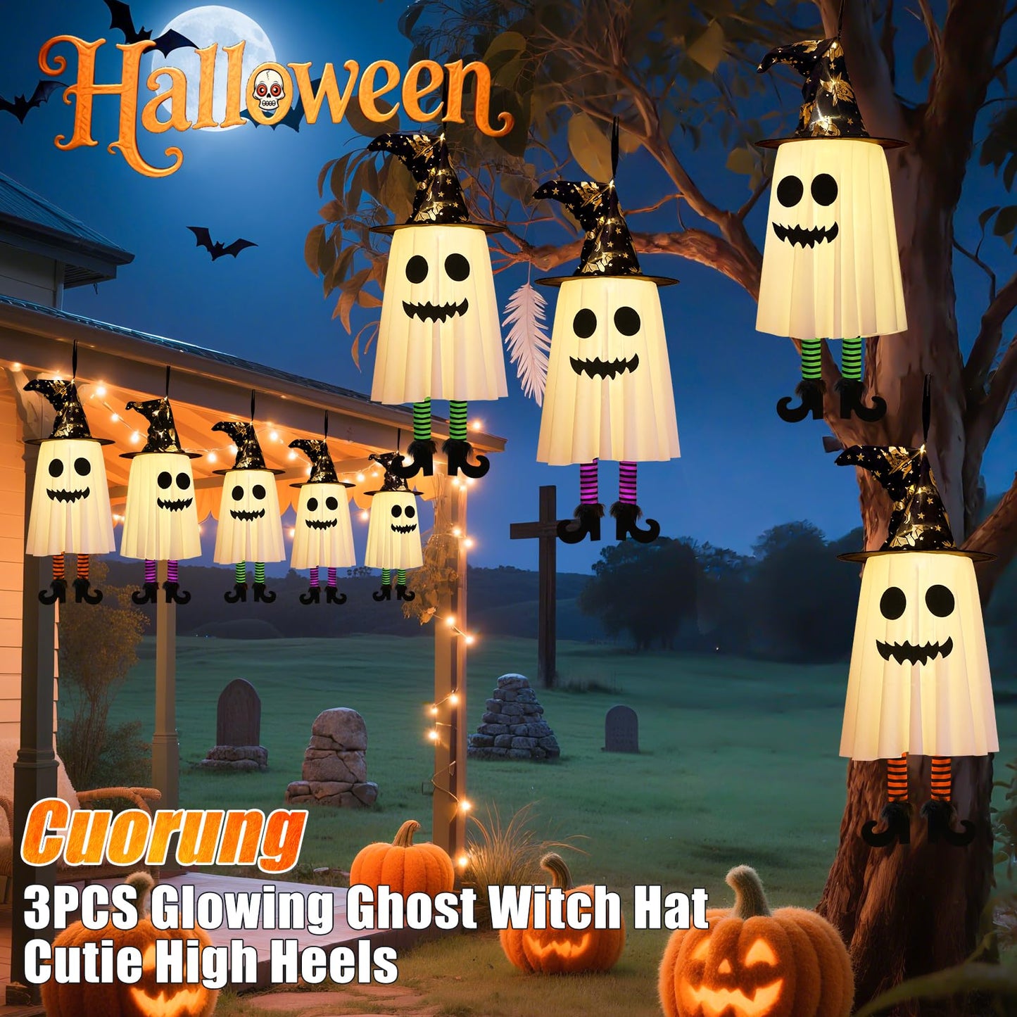 3 Packs Halloween Hanging Ghosts Decorations Outdoor Indoor, Spooky Glowing Ghost Witch Hat Striped Stockings High Heels String Lights 3 Modes Patio Yard Front Porch Tree Party(Contains 18 Batteries)
