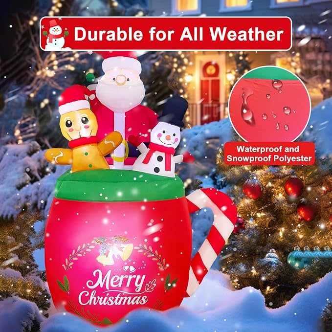 6 FT Christmas Inflatables Outdoor Decoration, Santa Claus Snowman Gingerbread Man in Xmas Mug for Outdoor Christmas Decorations