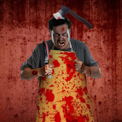 Halloween Bloody Butcher Costumes Set- Waterproof Bloody Apron with Axe Headband Butcher Knife Temporary Tattoos, Terrifying Role Play for Men Costume Party Carnival Prop Accessories (Yellow)