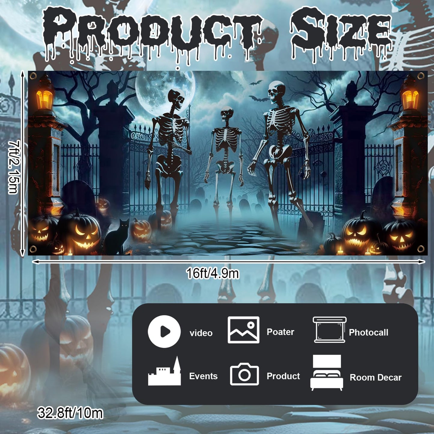Preboun Halloween Garage Door Decorations Skeleton Halloween Hanging Garage Door Cover Banner Backdrop Mural for Home Outdoor Indoor Spooky Party Wall Window Yard, 7 x 16 ft