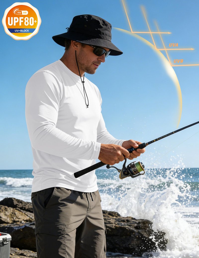 KEFITEVD Men's Sun Protection Shirts UV UPF 80+ Long Sleeve Rash Guard Fishing Hiking Running Quick Dry White L