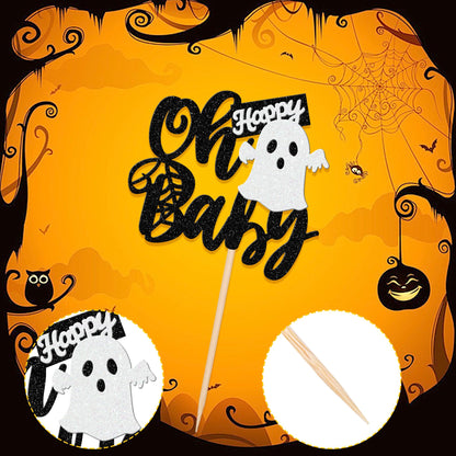 24 PCS Halloween Ghost Oh Baby Cupcake Toppers Glitter Spooky Baby Shower Cupcake Picks for Halloween Theme Baby Shower Kids Birthday Party Cake Decorations Supplies