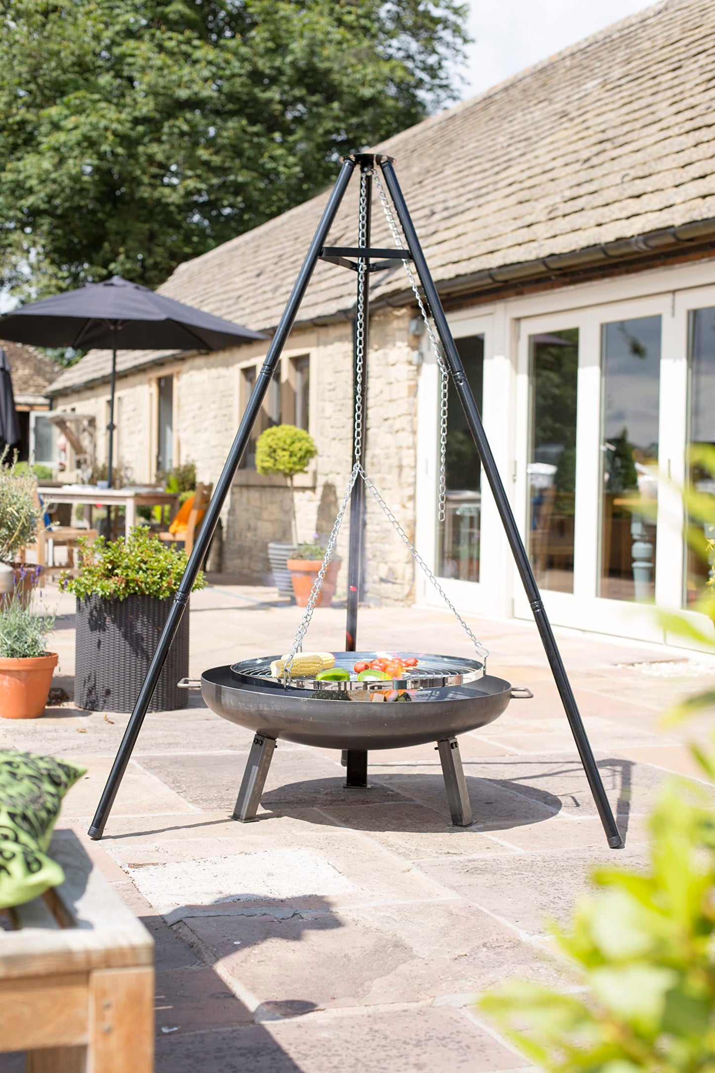 La Hacienda Tripod with BBQ Cooking Grill - Adjustable Height - Portable - Camping, Black