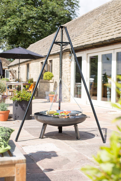 La Hacienda Tripod with BBQ Cooking Grill - Adjustable Height - Portable - Camping, Black