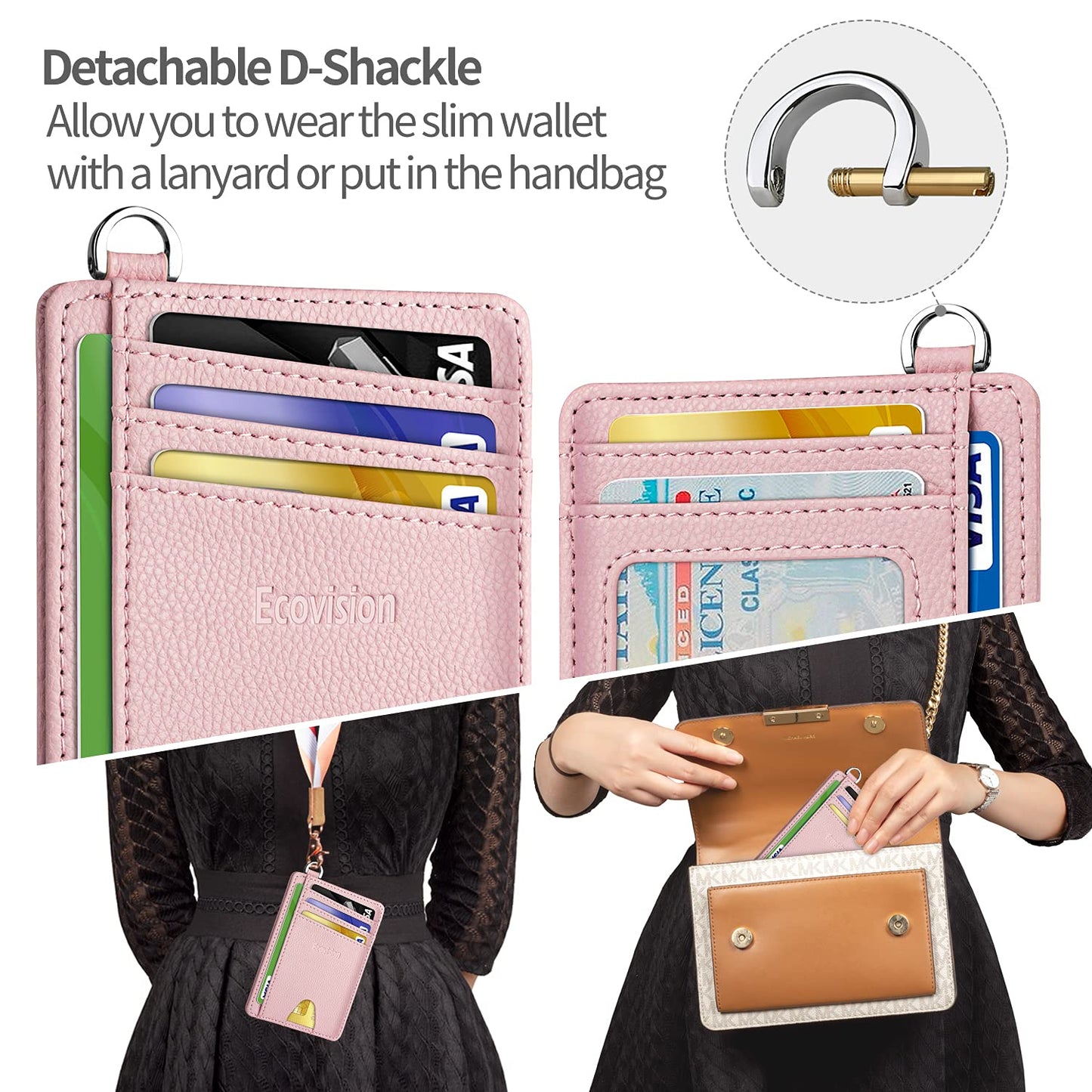 EcoVision Slim Minimalist Front Pocket Wallet, RFID Blocking Credit Card Holder Wallet with Detachable D-Shackle for Men Women