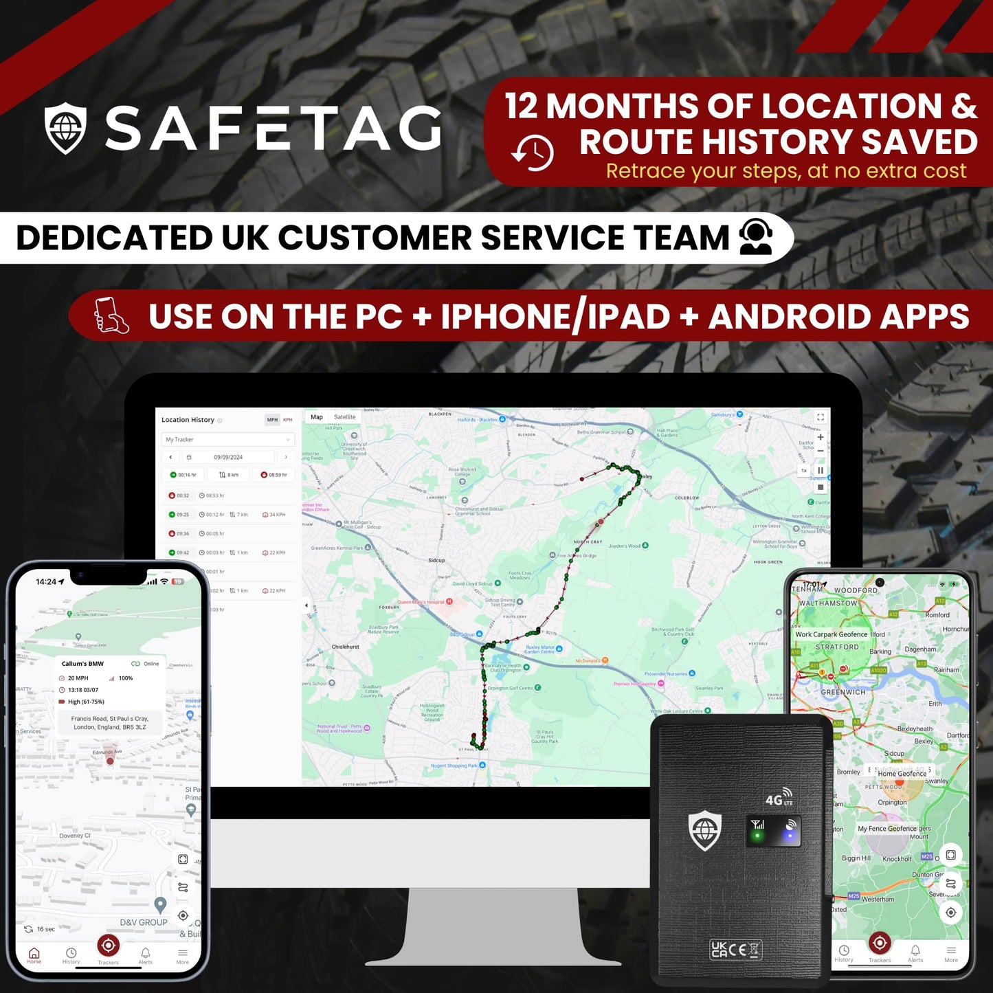 SafeTag Mag 4G – Rechargeable Magnetic 4G LTE GPS Tracker, Car, Van, Motorbike, Caravan, etc. 34-195 Countries, 90 Day Standby, Real Time Tracking and Alerts, 7 Day Free Trial+SIM Included, UK Company