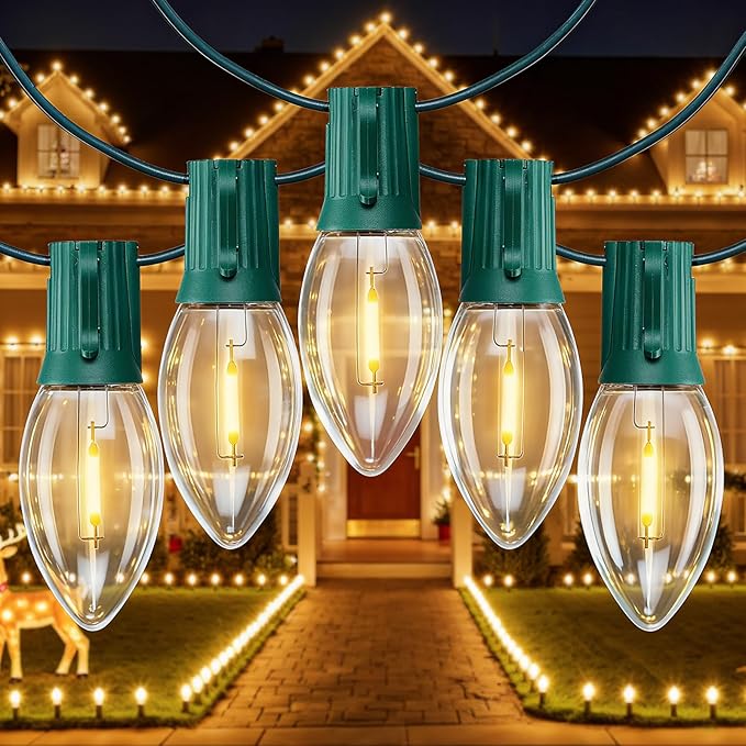 C9 Christmas Lights Outdoor, 200 FT 200 LED Vintage Warm White C9 String Lights Connectable for Christmas Tree Roofline Patio Garden Backyard Holiday Party Indoor Outdoor Decoration, Green Wire