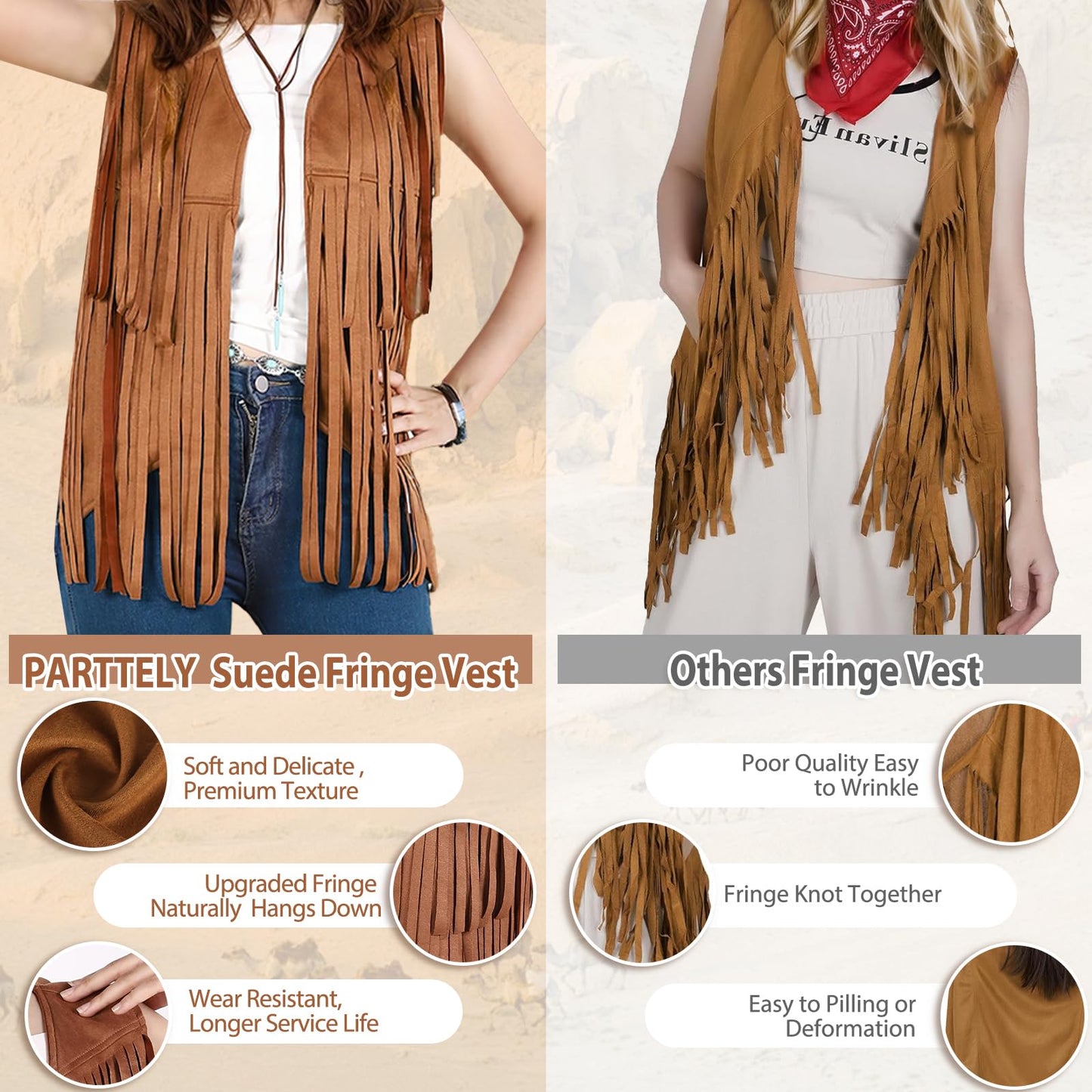 PARTTELY Western Outfits for Women Cowgirl Outfits Cowgirl Vest Boho Cowboy Hat Fringe Vest for Halloween Cosplay
