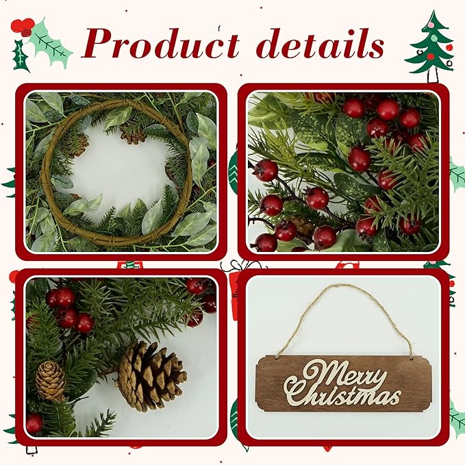 YNYLCHMX 20 Inch Winter Wreath for Front Door, Winter Wreath with Welcome Sign Pine Needle Pine Cone Red Berry, Artificial Door Wreaths for Window Farmhouse Holiday Party Decoration