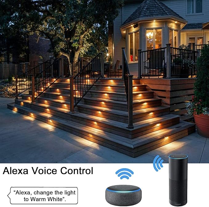Smart LED Deck Lights Kit WiFi Controlled Color Changeable,Φ1.38“Outdoor IP67 Waterproof Low Voltage Step Lights with Protecting Shell,Works with Samrt Phone,Alexa,Google Home(10pcs,WiFi)
