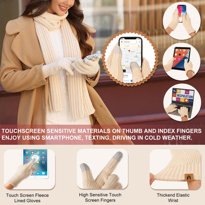 UMIPUBO Winter Beanie Hats Long Scarf Touch Screen Gloves Fuzzy Socks Warm Ear Muffs 5pcs Set for Women Winter Ski Outing Set
