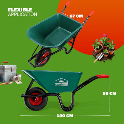 GARDEBRUK® Heavy Duty Garden Wheelbarrow | 100L 250KG | Pneumatic Tyre | Steel Rim | Impact-Resistant Polypropylene Tub | Strong Large Transport Trolley Handcart Wheel Barrow | Green & Black