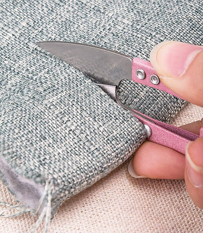 2Pcs Multicolor Mini Sewing Scissors Clipper 2Pcs Leather Scissors Sheath Cover Small Embroidery Thread Thrum Yarn Trimming Nipper U-Shaded Craft Cross Stitch Scissor(Pink/Gray)