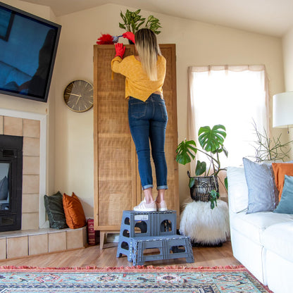 Bee Neat Folding 2 Step Stool for Adults, Kids, Toddlers - Collapsible & Foldable Step Ladder for Kitchen, Bathroom or Bedroom - Non-Slip & Wide Stepping Stool Supports 200lbs - Gray