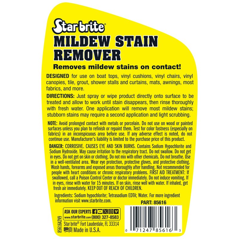 STAR BRITE Professional-Grade Mildew & Mold Stain Remover + Cleaner - Instant Contact Stain Removal, Ideal for Marine & Outdoor Upholstery