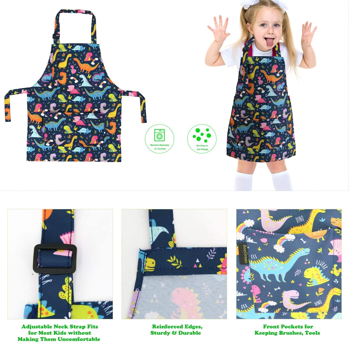 BeeGreen Kids Apron 2 Pack Cooking Aprons with Adjustable Strap Kids Kitchen Aprons with Front Pocket for Girls Toddler Painting Baking Artist Washable Foldable Lightweight (Dinosaurs+Space Planets)