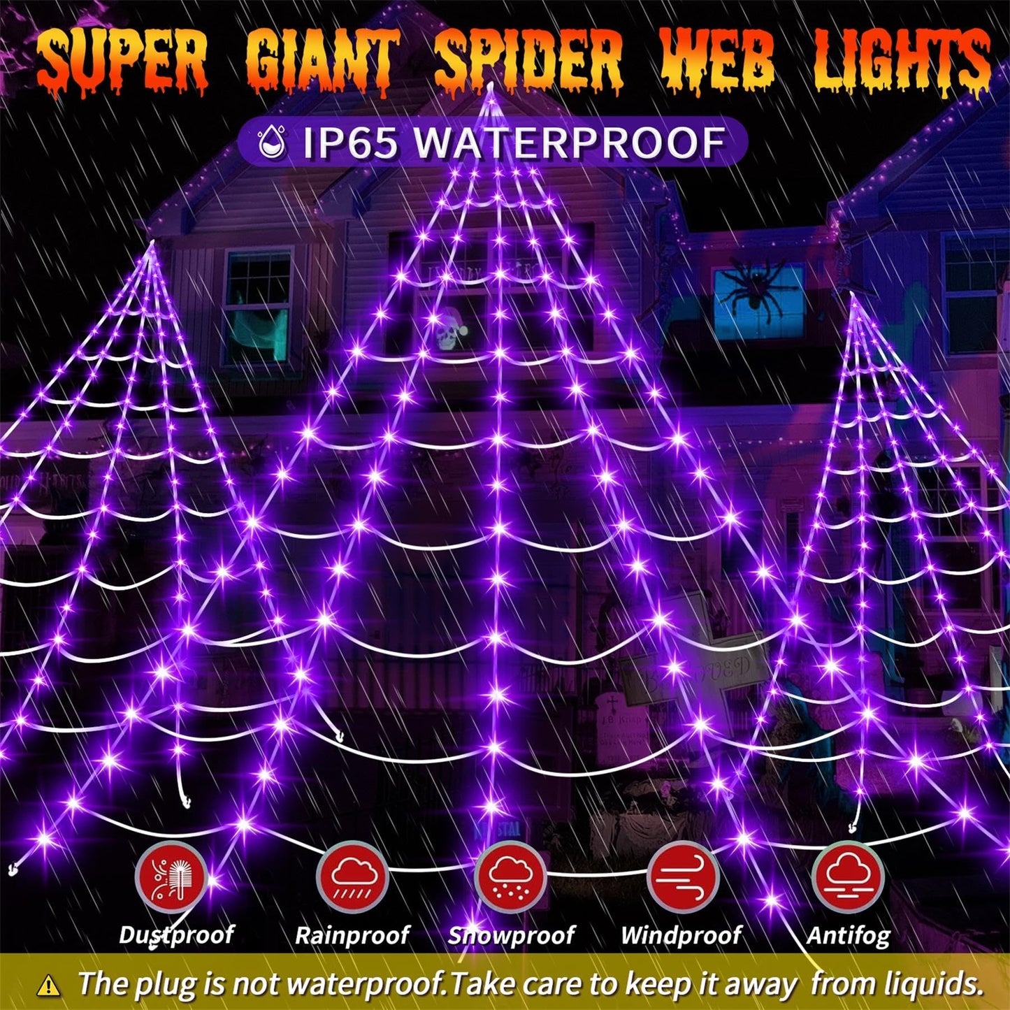 Halloween Decorations Outdoor, 200 LED Halloween Giant Spider Web Lights, 16.4Ft Lighted Spider Web Light up for Yard Haunted House Decor