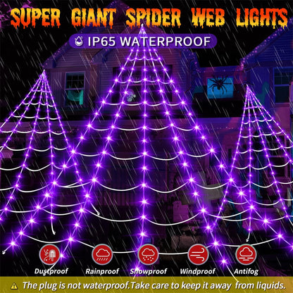 Halloween Decorations Outdoor, 200 LED Halloween Giant Spider Web Lights, 16.4Ft Lighted Spider Web Light up for Yard Haunted House Decor