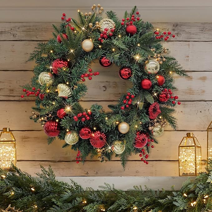 28’’ Pre-Lit Artificial Christmas Wreath, Battery Operated 35 LED Lights with Faux Greenery, Pine Cones, Berries for Front Door, Xmas Wreath for Holiday Christmas Home Decorations