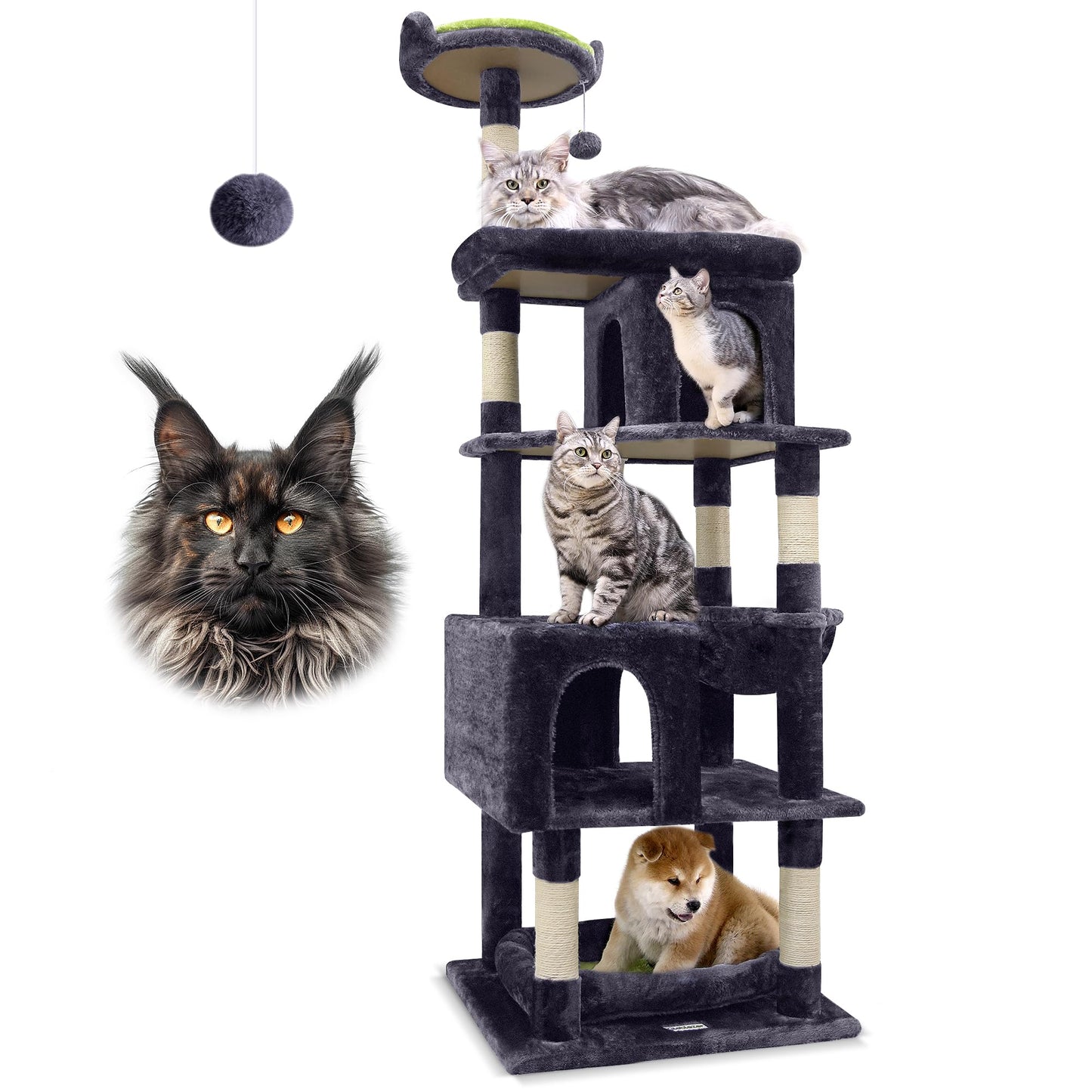 Globlazer Heavy Duty Cat Trees for Large Cats, Sturdy 72in Maine Coon Cat Tree for Large Cats 20 lbs+ Heavy Duty Cat Tower for Adult Biggest Cat with 6 Scratching Posts, Hammock, S72, Dark Gray