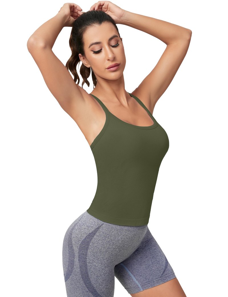 MathCat Workout Tank Tops for Women with Built in Bra, Sleeveless Gym Tops Seamless Racerback Athletic Yoga Shirts Olive Green