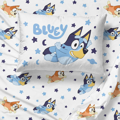Jay Franco Bluey & Bingo Toddler Comforter Set - 4 Piece Bed Set Includes Sheet Set & Pillow Covers - Super Soft Clouds & Stars Kids Bedding
