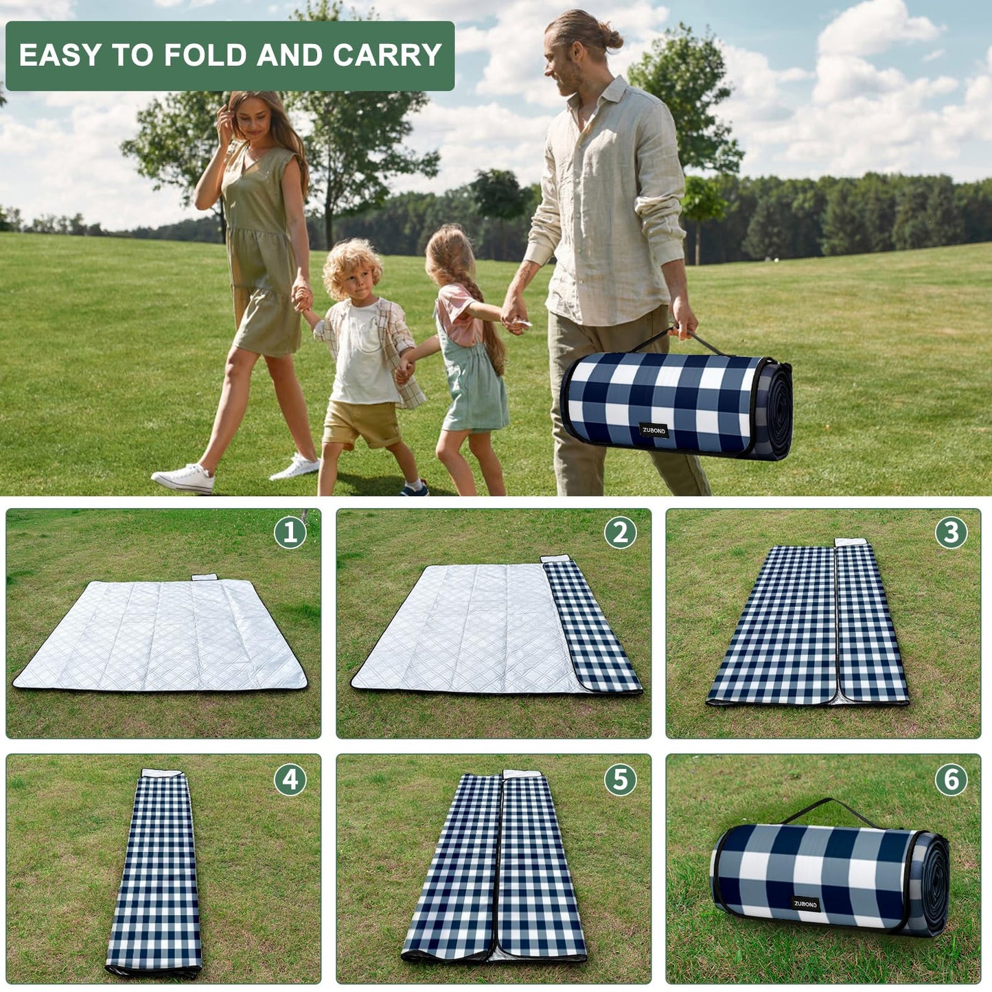 ZUBOND Large Picnic Blanket Outdoor Picnic Mat Waterproof Foldable 80''x80'', Beach Blanket Sandproof for LawnPark, Grass, Travel, Hiking, Camping Essentials, Vintage Gingham Picnic Blanket