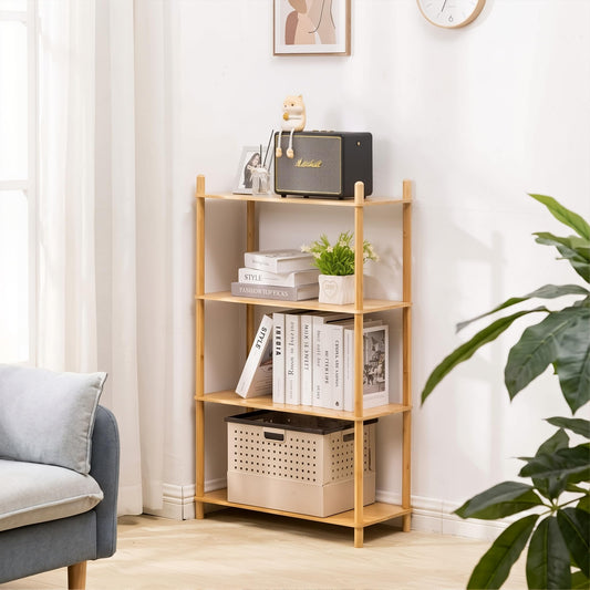 WooFawn 4-Tier Expandable Freestanding Open Bamboo Book Shelf - No-Tool Assembly & Modular,Bathroom Storage Shelf Unit Plant Stand for Small Space, Bedroom, Living Room, Home Office (Natural, 4-Tier)