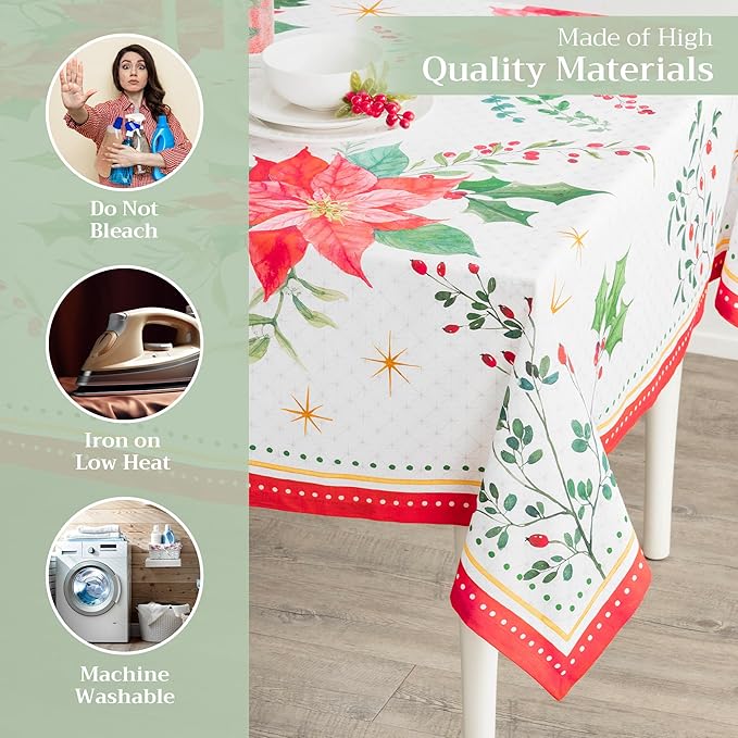 Maison d' Hermine Table Cloth Square Table 100% Cotton 54 x 54 Inches Fall Tablecloth Reusable Everyday Use for Thanksgiving Christmas Decorations Dining Farmhouse Party (Poinsettia Christmas)