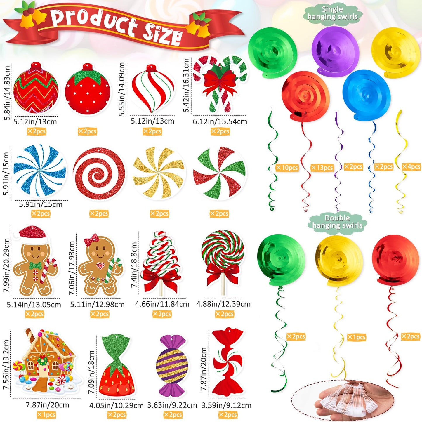 Candy Gingerbread Christmas Decorations - 20pcs Glitter Gingerbread House Candy Christmas Balls Hanging Swirls for Candyland Xmas Party Decor Supplies