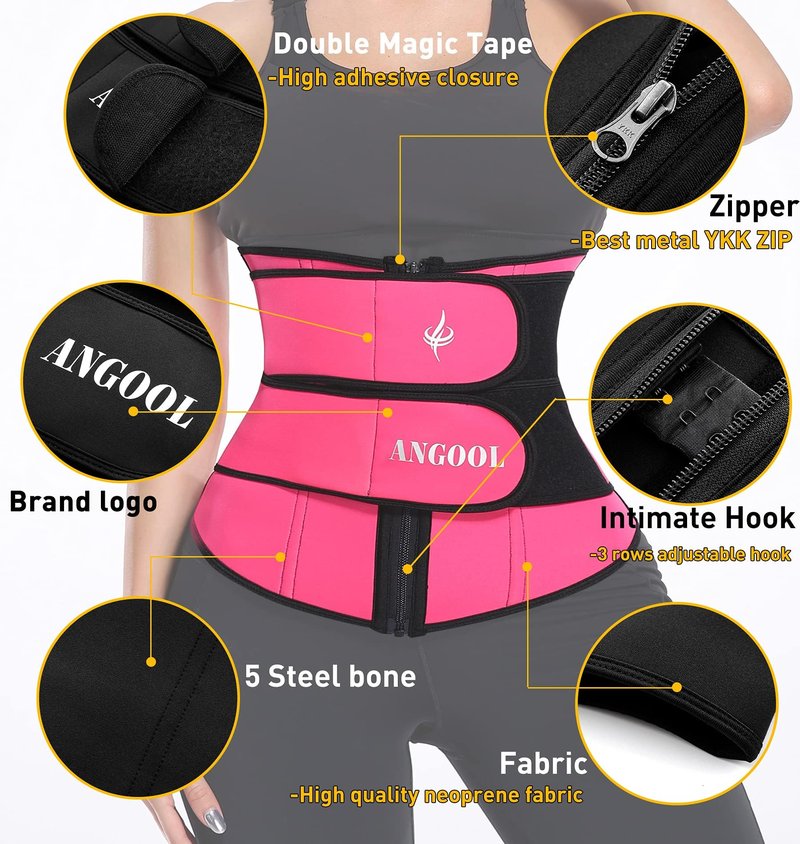 ANGOOL Neopren Waist Trainer For Women,Workout Plus Size Trimmer Belt Sauna Sweat Corset Cincher With Zipper M Pink