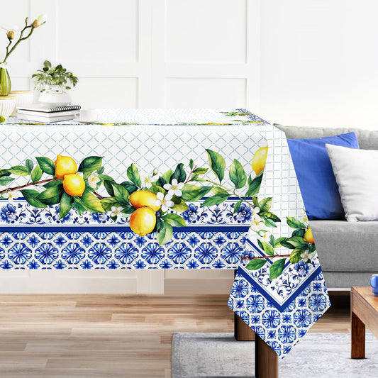 Arquiel Spring Summer Tablecloth 60×84 inch, Waterproof Blue Lemon Table Cloth Washable, Stain Resistant Cloth Table Cover for Party Picnic Dinner Decor (Lemon)