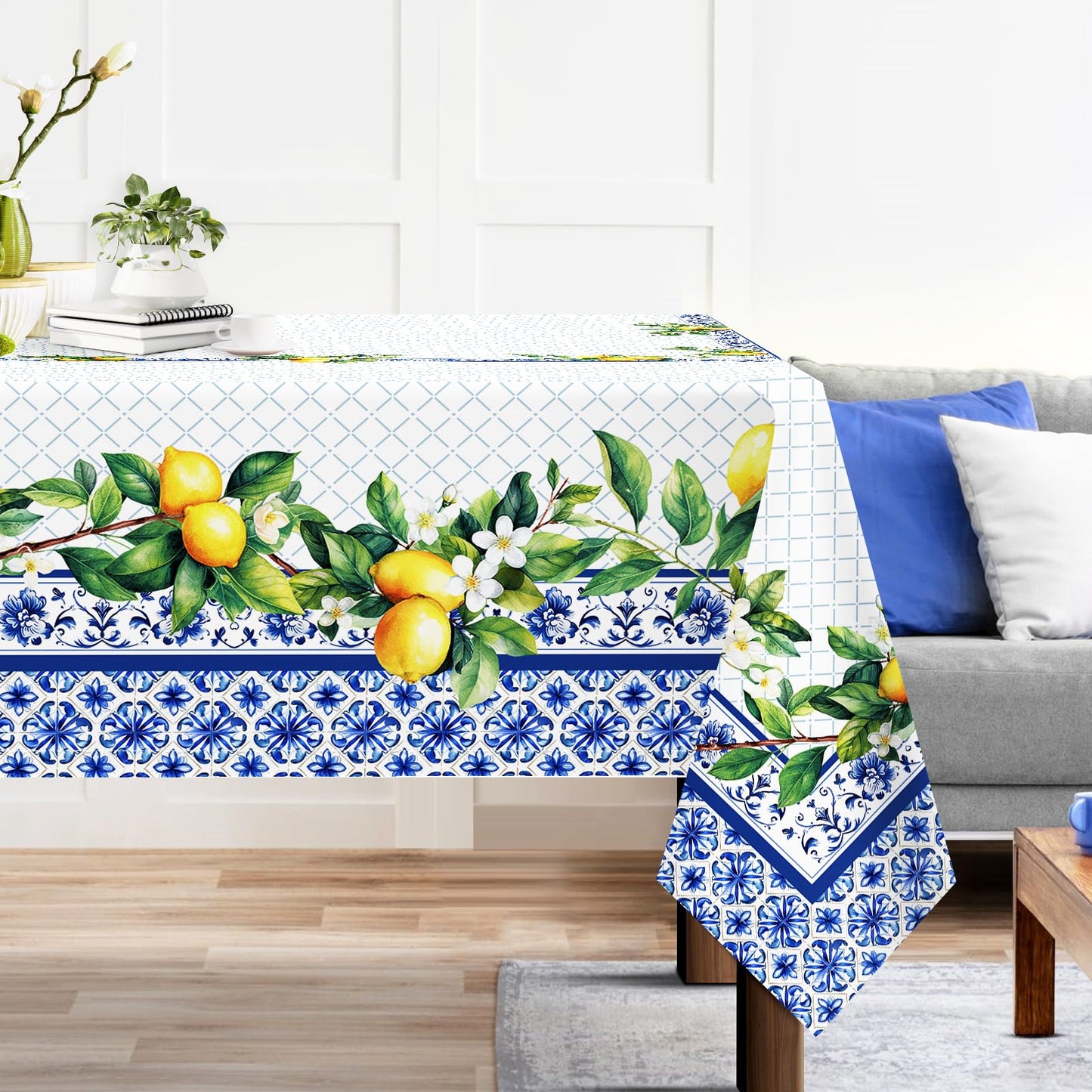 Arquiel Spring Summer Tablecloth 60×84 inch, Waterproof Blue Lemon Table Cloth Washable, Stain Resistant Cloth Table Cover for Party Picnic Dinner Decor (Lemon)
