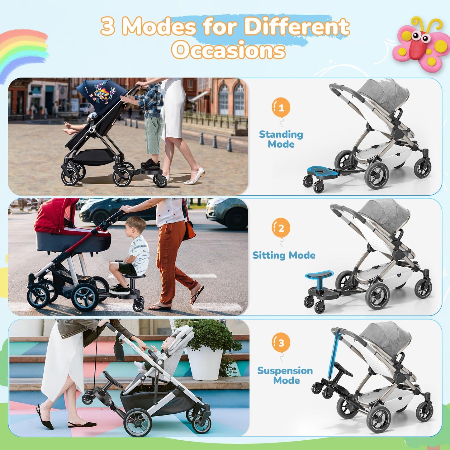 BugyKido Buggy Board, Universal Buggy Board with Seat for Children, Baby Kiddy Board, Stroller Accessory from 2-6 Years (25 kg), for Over 99% of Baby Carriages, Black Wheels