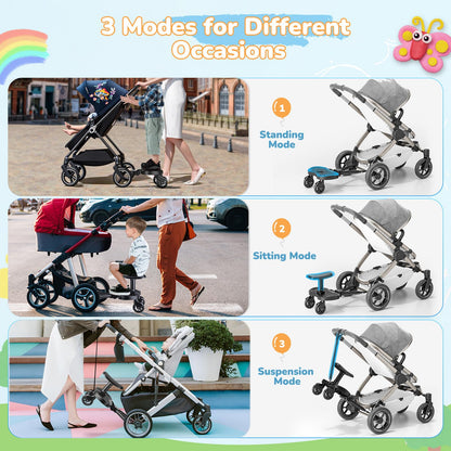BugyKido Buggy Board, Universal Buggy Board with Seat for Children, Baby Kiddy Board, Stroller Accessory from 2-6 Years (25 kg), for Over 99% of Baby Carriages, Black Wheels