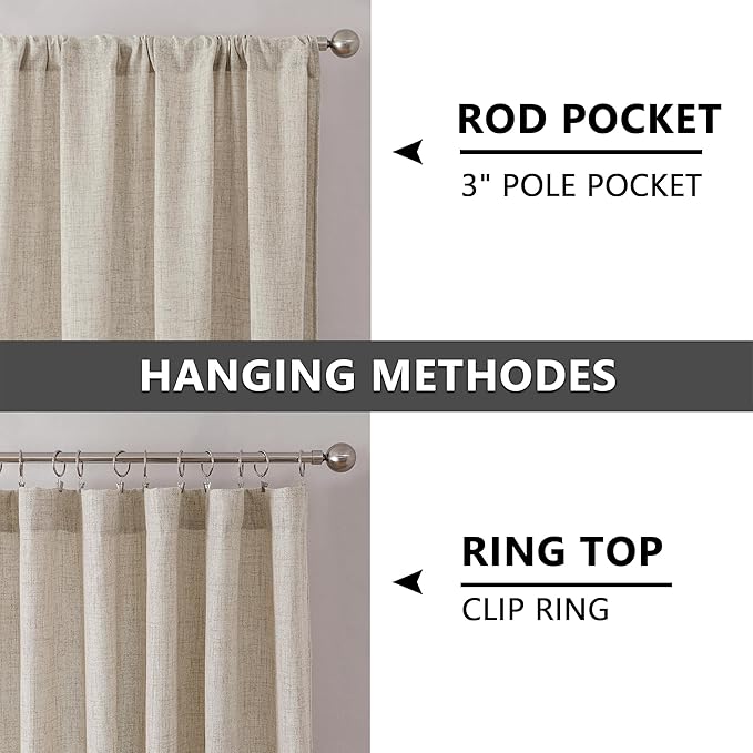 Tollpiz Linen Curtains Bedroom Rod Pocket Semi Sheer Curtain Burlap Light Filtering Thick Linen Drapes for Living Room, 54 x 84 inches Long, Natural, Set of 2 Panels