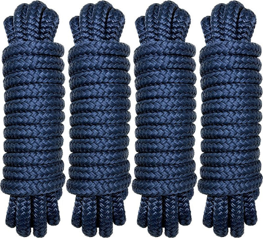 PACTHSD Double Braid 1/2" x 15' Boat Dock Lines (4-Pack) – Nylon Boat Ropes for Docking with 12" Spliced Eye – Heavy Duty Marine Rope – Soft & Durable Boat Lines for Pontoon and Light Boat (Navy Blue)