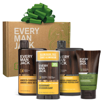 Every Man Jack Men's Bath and Body Gift Set - Amber + Sandalwood Scent - Clean Ingredients - Includes Hydrating Body Wash, 2-in-1 Shampoo, Aluminum-free Deodorant & Face Wash