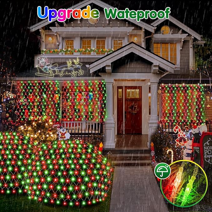 Hezbjiti Pack of 2 Battery Operated Christmas Lights Outdoor Total 200LED Waterproof Timed Memory Net Mesh Lights for Xmas Trees Bushes Garden Yard Lawn Patio Christmas Decor (Red and Green)